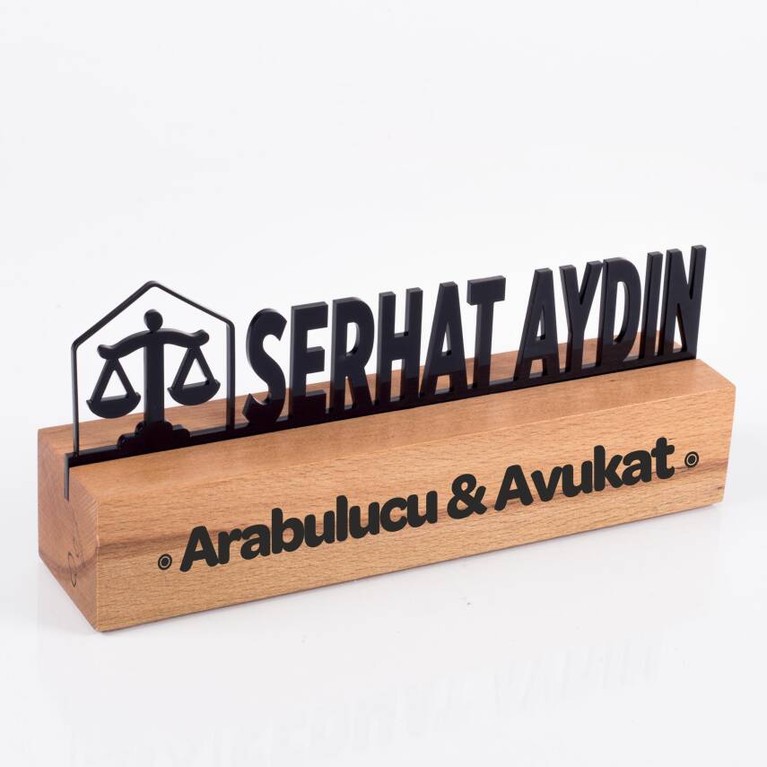 Avukatlara Özel Masif Kayın Ahşap Masaüstü İsimlik Standı Siyah Akrilik Masa İsimliği - 1