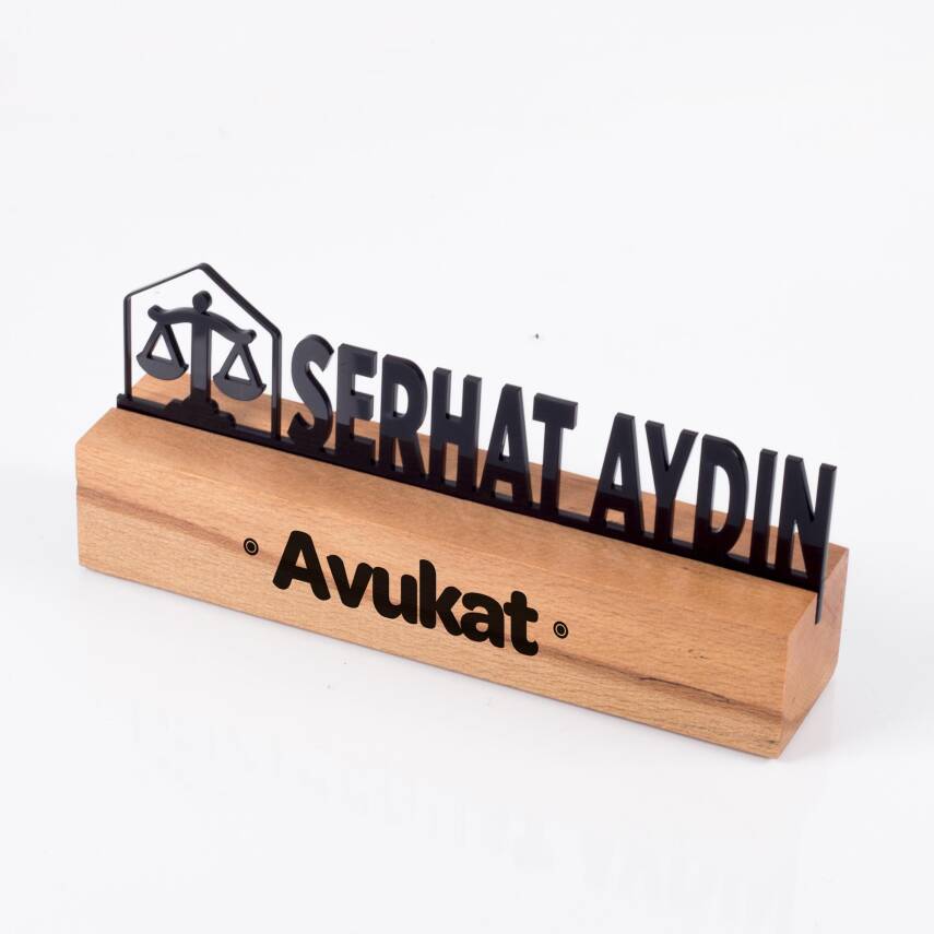 Avukatlara Özel Masif Kayın Ahşap Masaüstü İsimlik Standı Siyah Akrilik Masa İsimliği - 2