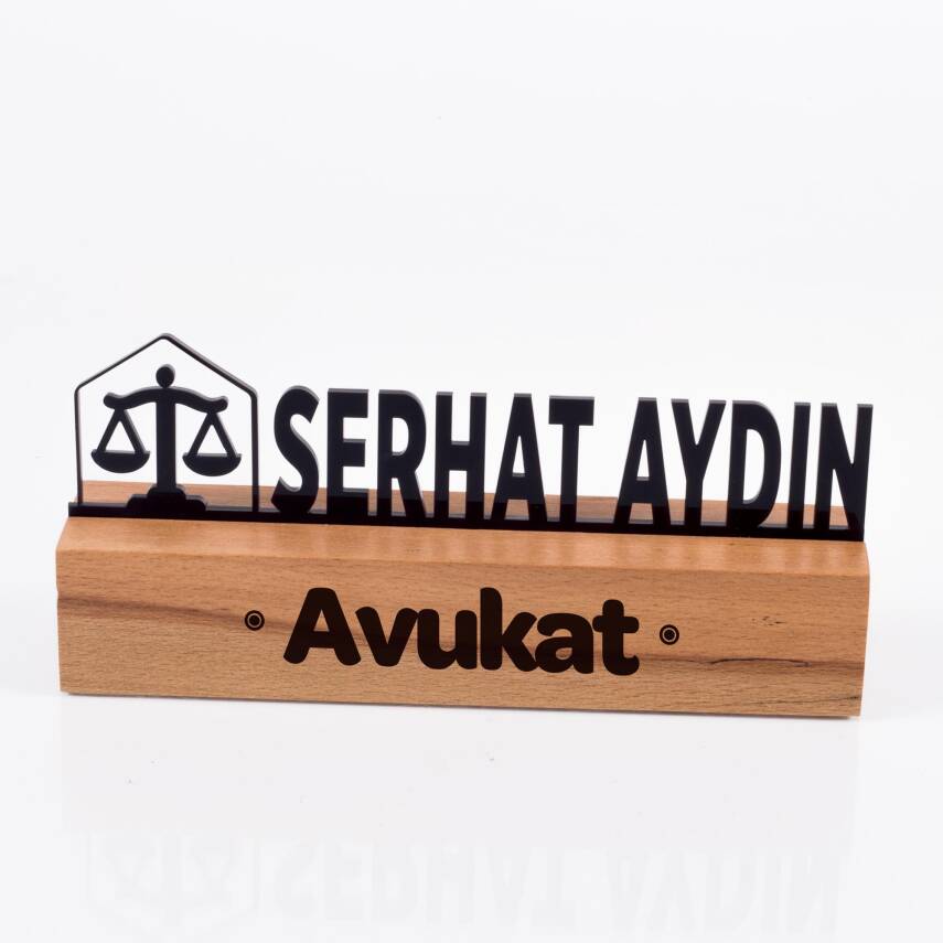 Avukatlara Özel Masif Kayın Ahşap Masaüstü İsimlik Standı Siyah Akrilik Masa İsimliği - 3