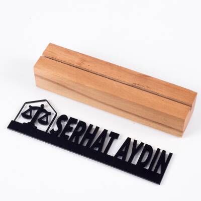 Avukatlara Özel Masif Kayın Ahşap Masaüstü İsimlik Standı Siyah Akrilik Masa İsimliği - 5