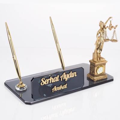 Avukatlara Özel Saatli Themis Biblo İsimlik Kristal Masa İsimliği Hakim Savcı Hukuk Hediyesi İsimlik - 2