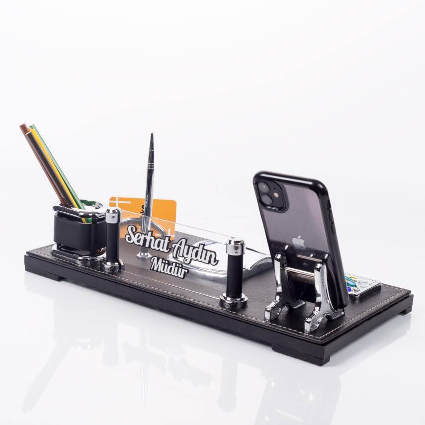 Babil Masa İsimliği Kabartma Yazı Deri Ofis Masaüstü İsimlik Seti Siyah Deri Masa üstü Organizer - 1