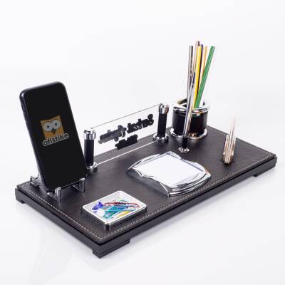 Babil Masa İsimliği Kabartma Yazı Deri Ofis Masaüstü İsimlik Seti Siyah Deri Masa üstü Organizer - 2