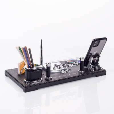 Babil Masa İsimliği Kabartma Yazı Deri Ofis Masaüstü İsimlik Seti Siyah Deri Masa üstü Organizer - 3