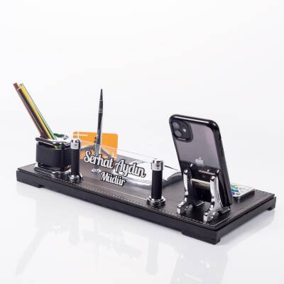 Babil Masa İsimliği Kabartma Yazı Deri Ofis Masaüstü İsimlik Seti Siyah Deri Masa üstü Organizer - Ofistike