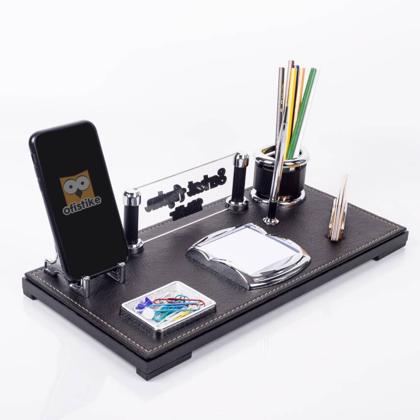 Babil Masa İsimliği Kabartma Yazı Deri Ofis Masaüstü İsimlik Seti Siyah Deri Masa üstü Organizer - 2