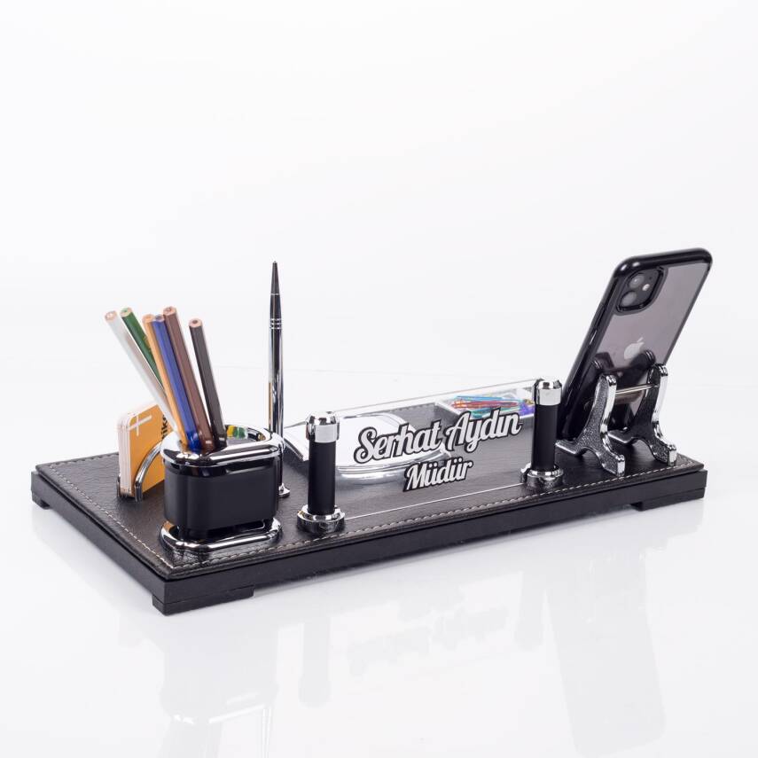 Babil Masa İsimliği Kabartma Yazı Deri Ofis Masaüstü İsimlik Seti Siyah Deri Masa üstü Organizer - 3