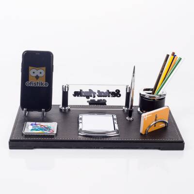 Babil Masa İsimliği Kabartma Yazı Deri Ofis Masaüstü İsimlik Seti Siyah Deri Masa üstü Organizer - 4