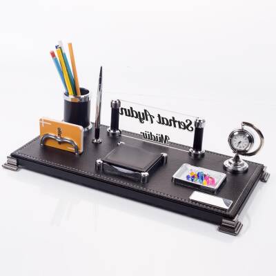 Bari Ofis Masaüstü İsimlik Seti Kişiye Özel Lüks Masa İsimliği Deri Siyah Masa üstü Organizer - Ofistike