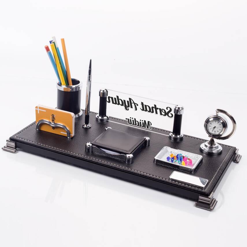 Bari Ofis Masaüstü İsimlik Seti Kişiye Özel Lüks Masa İsimliği Deri Siyah Masa üstü Organizer - 1