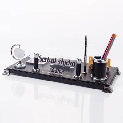 Bari Ofis Masaüstü İsimlik Seti Kişiye Özel Lüks Masa İsimliği Deri Siyah Masa üstü Organizer - 2