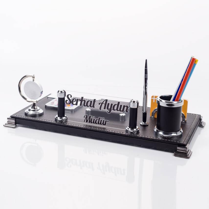 Bari Ofis Masaüstü İsimlik Seti Kişiye Özel Lüks Masa İsimliği Deri Siyah Masa üstü Organizer - 2
