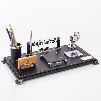 Bari Ofis Masaüstü İsimlik Seti Kişiye Özel Lüks Masa İsimliği Deri Siyah Masa üstü Organizer - 3