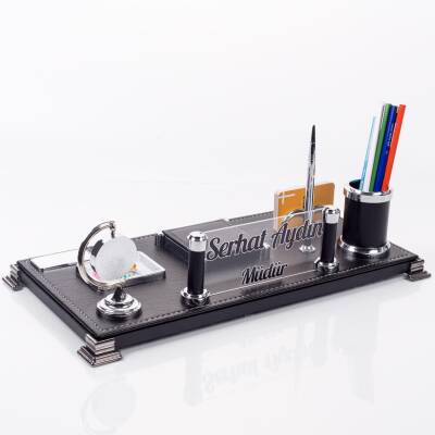 Bari Ofis Masaüstü İsimlik Seti Kişiye Özel Lüks Masa İsimliği Deri Siyah Masa üstü Organizer - 4