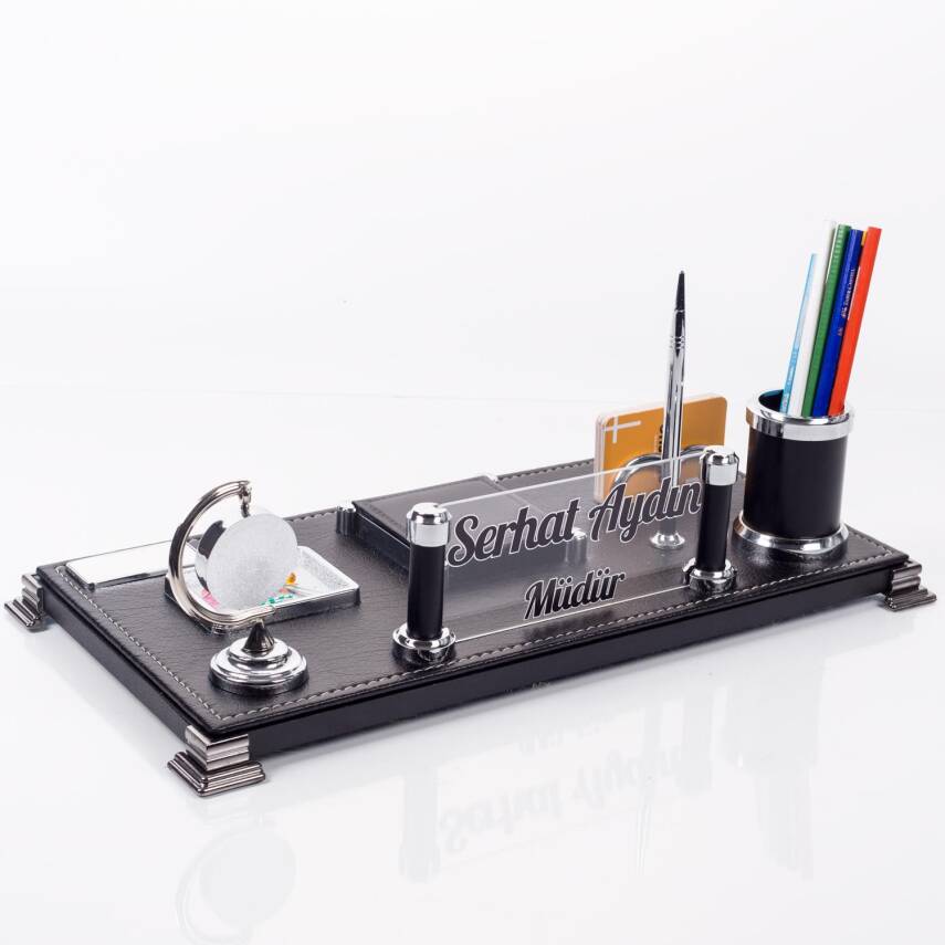Bari Ofis Masaüstü İsimlik Seti Kişiye Özel Lüks Masa İsimliği Deri Siyah Masa üstü Organizer - 4