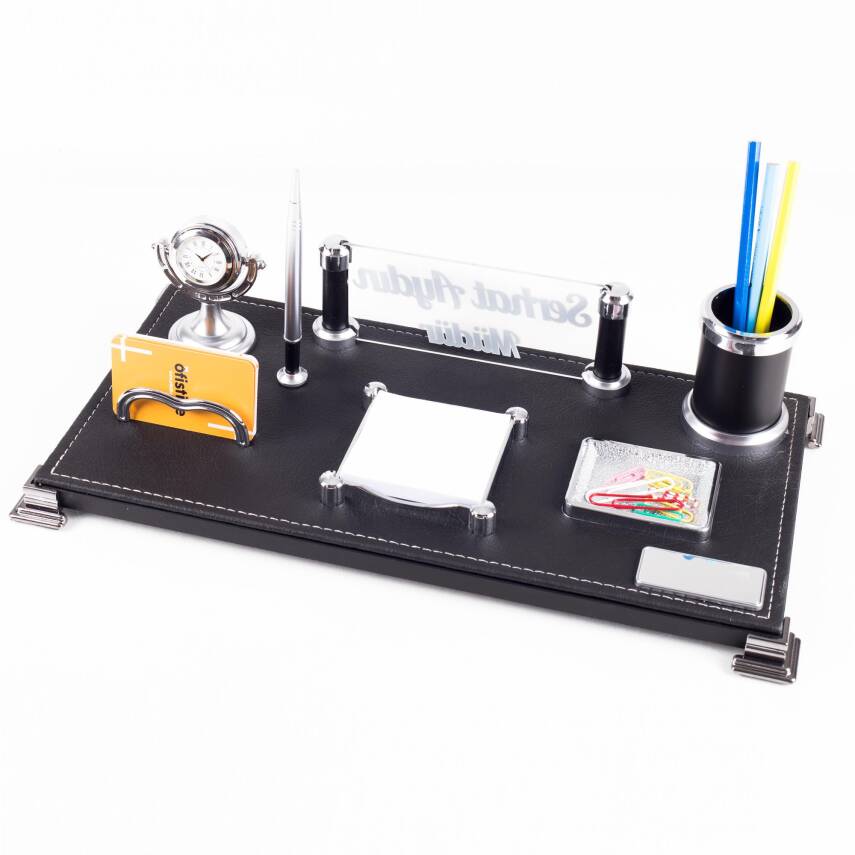 Bari Ofis Masaüstü İsimlik Seti Kişiye Özel Lüks Masa İsimliği Deri Siyah Masa üstü Organizer - 1