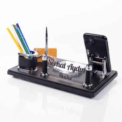 Barselona Ofis Masaüstü İsimlik Seti İş Yeri Hediye Masa İsimliği Siyah Deri Masa üstü Organizer 