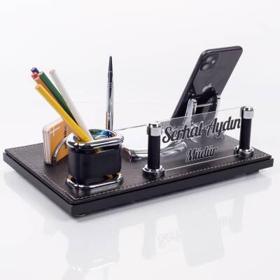 Barselona Ofis Masaüstü İsimlik Seti İş Yeri Hediye Masa İsimliği Siyah Deri Masa üstü Organizer - 2