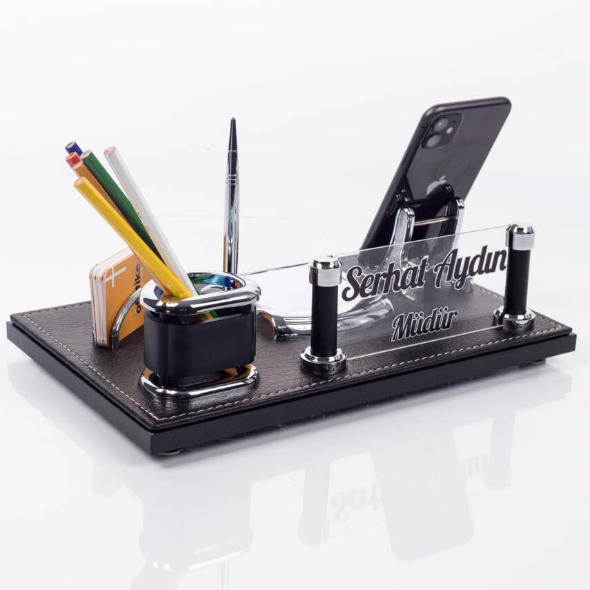 Barselona Ofis Masaüstü İsimlik Seti İş Yeri Hediye Masa İsimliği Siyah Deri Masa üstü Organizer - 2