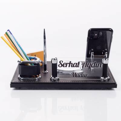 Barselona Ofis Masaüstü İsimlik Seti İş Yeri Hediye Masa İsimliği Siyah Deri Masa üstü Organizer - 5