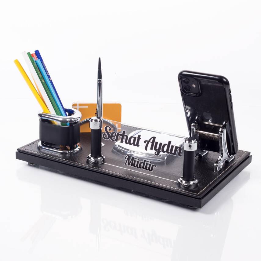 Barselona Ofis Masaüstü İsimlik Seti İş Yeri Hediye Masa İsimliği Siyah Deri Masa üstü Organizer - 1
