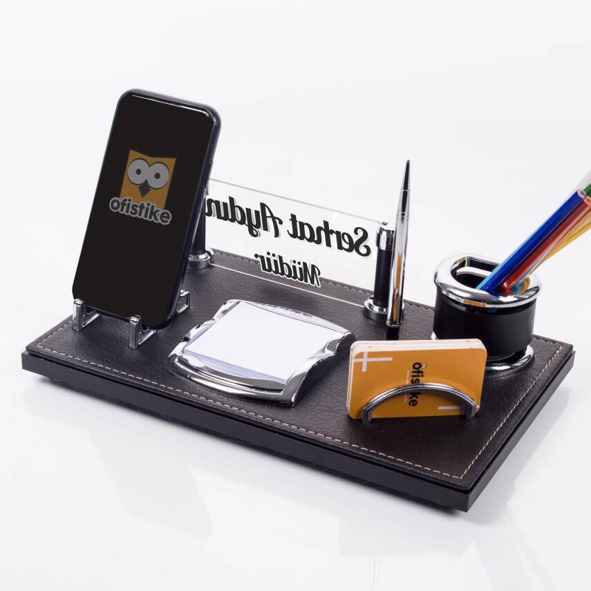 Barselona Ofis Masaüstü İsimlik Seti İş Yeri Hediye Masa İsimliği Siyah Deri Masa üstü Organizer - 3