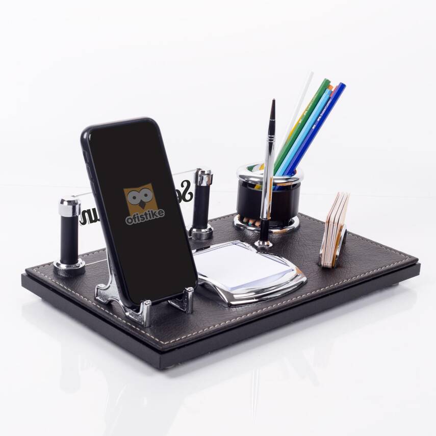 Barselona Ofis Masaüstü İsimlik Seti İş Yeri Hediye Masa İsimliği Siyah Deri Masa üstü Organizer - 4