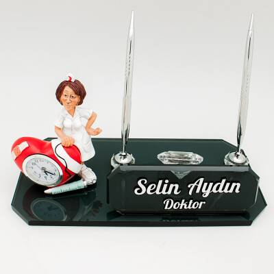 Bayan Hemşire Doktor Biblolu Saatli İsimlik Kristal Masa İsimliği Hekimlere Özel Hediye - Ofistike