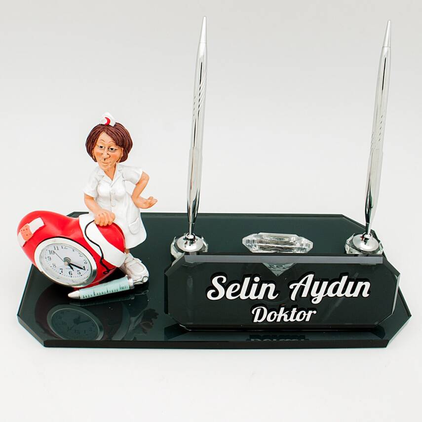 Bayan Hemşire Doktor Biblolu Saatli İsimlik Kristal Masa İsimliği Hekimlere Özel Hediye - 1