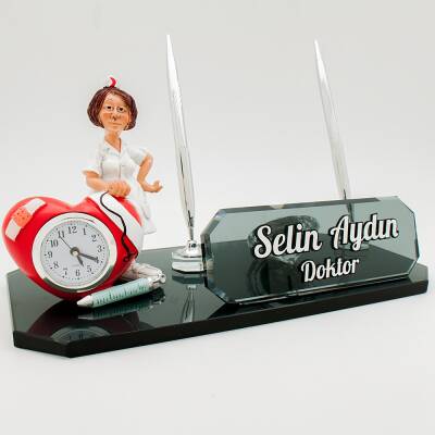 Bayan Hemşire Doktor Biblolu Saatli İsimlik Kristal Masa İsimliği Hekimlere Özel Hediye - 2