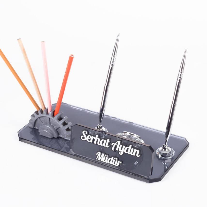 Çark Biblolu Kristal Masa İsimliği Makine Mühendisine Özel Kalemlikli Hediye Masa üstü İsimlik - 1