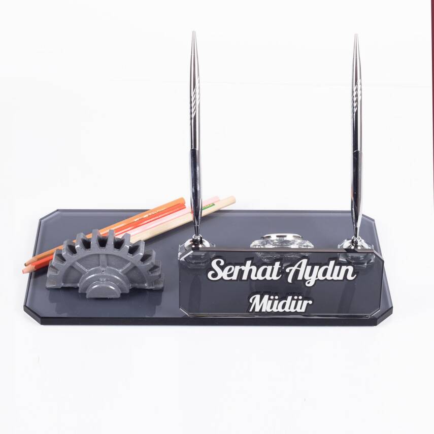 Çark Biblolu Kristal Masa İsimliği Makine Mühendisine Özel Kalemlikli Hediye Masa üstü İsimlik - 4