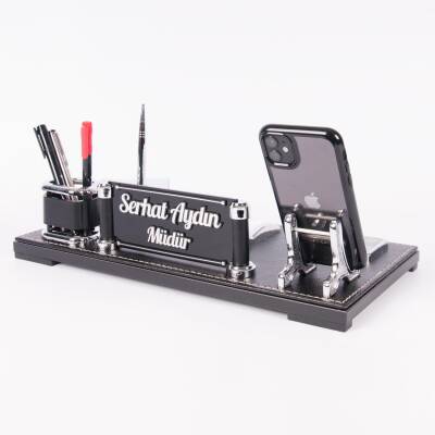 Castilla Masa İsimliği Deri Ofis Hediye Masaüstü İsimlik Seti Siyah Masa üstü Organizer - 2