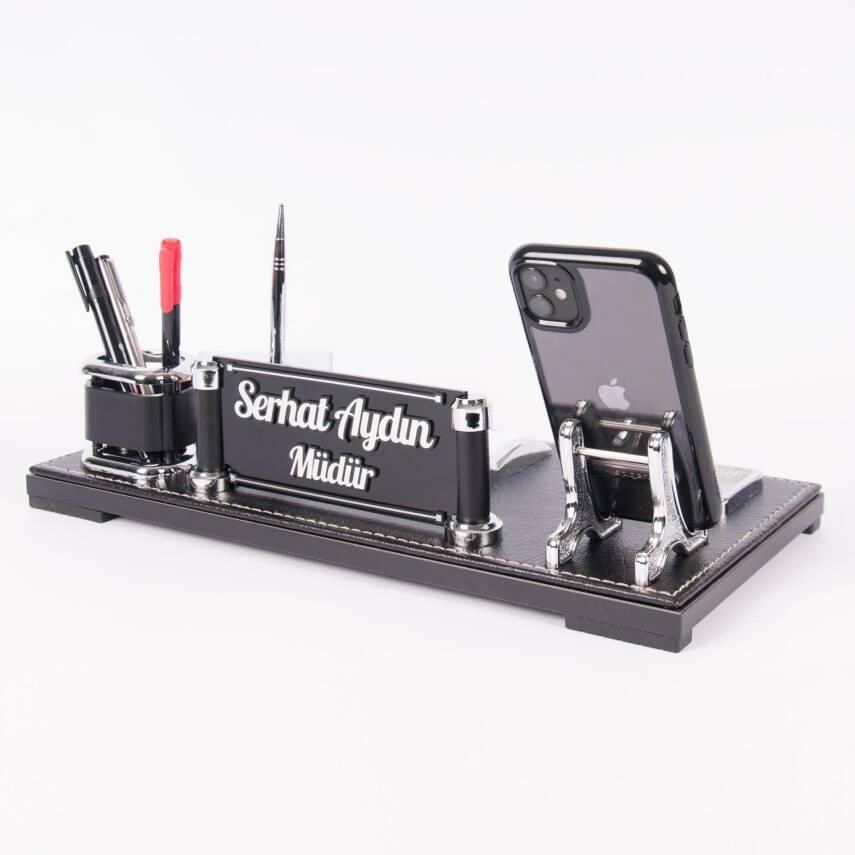 Castilla Masa İsimliği Deri Ofis Hediye Masaüstü İsimlik Seti Siyah Masa üstü Organizer - 2