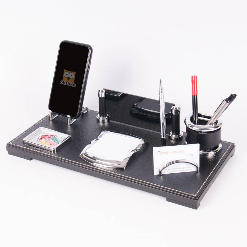 Castilla Masa İsimliği Deri Ofis Hediye Masaüstü İsimlik Seti Siyah Masa üstü Organizer - 3