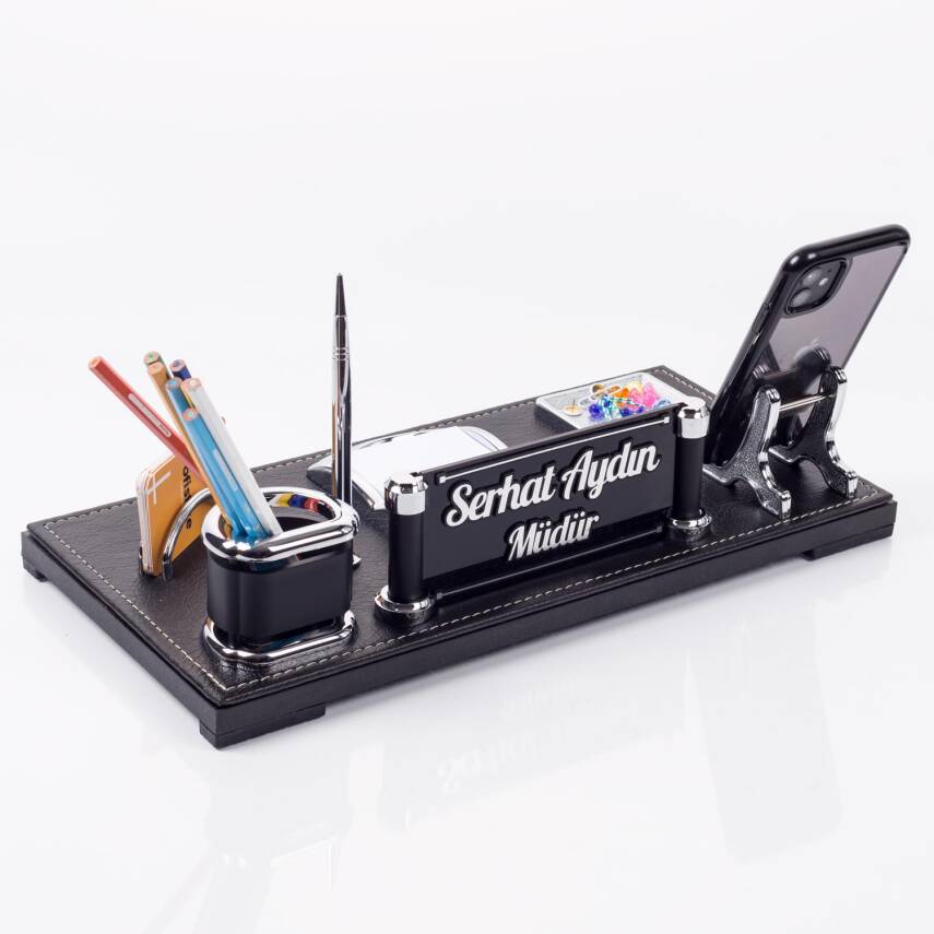 Castilla Masa İsimliği Deri Ofis Hediye Masaüstü İsimlik Seti Siyah Masa üstü Organizer - 1