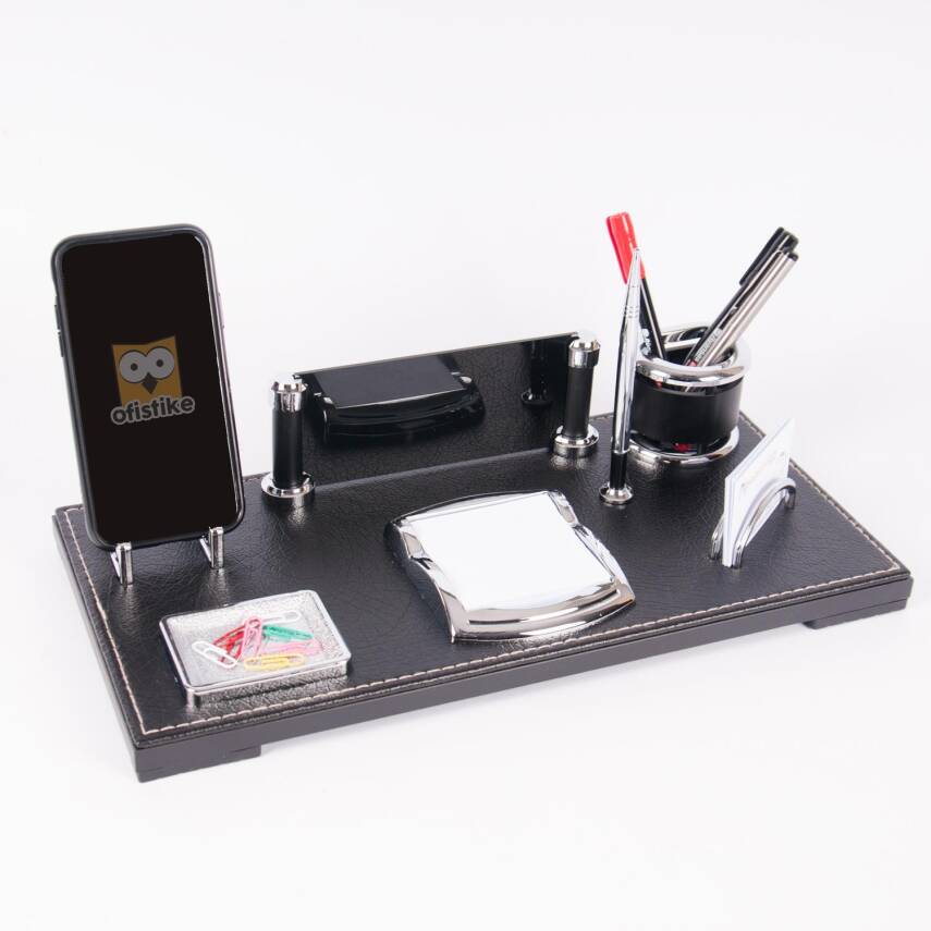 Castilla Masa İsimliği Deri Ofis Hediye Masaüstü İsimlik Seti Siyah Masa üstü Organizer - 4