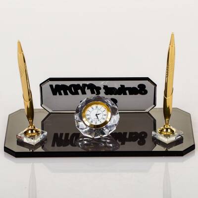 Delos Masa İsimliği Altın Kalemli Büro Hediyesi Masaüstü İsimlik Kristal Cam Ofis İsimliği - 3