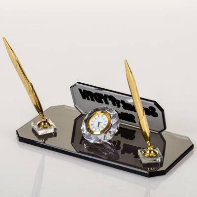 Delos Masa İsimliği Altın Kalemli Büro Hediyesi Masaüstü İsimlik Kristal Cam Ofis İsimliği - 5