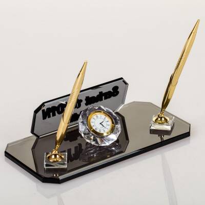 Delos Masa İsimliği Altın Kalemli Büro Hediyesi Masaüstü İsimlik Kristal Cam Ofis İsimliği - 4