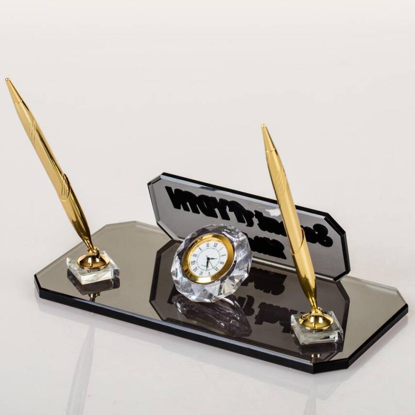 Delos Masa İsimliği Altın Kalemli Büro Hediyesi Masaüstü İsimlik Kristal Cam Ofis İsimliği - 5