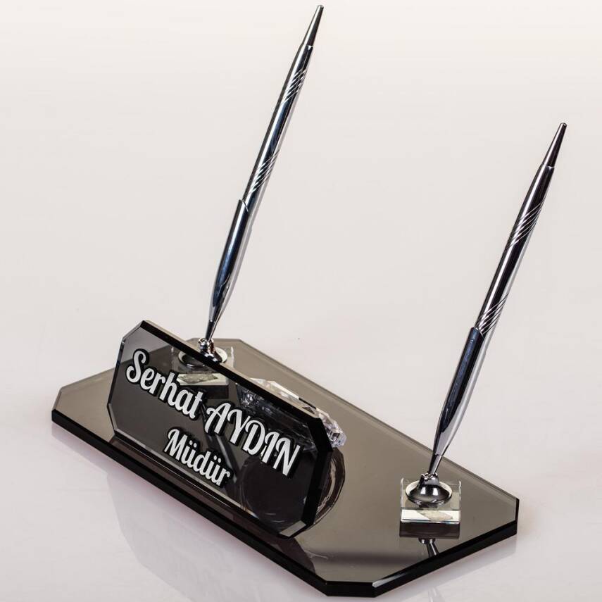 Delos Masa İsimliği Gümüş Kalemli Ofis Hediyesi Masaüstü İsimlik Kristal Cam Ofis Masa İsimlik - 2