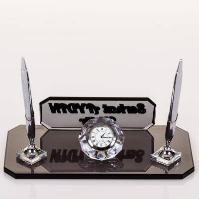 Delos Masa İsimliği Gümüş Kalemli Ofis Hediyesi Masaüstü İsimlik Kristal Cam Ofis Masa İsimlik - 5