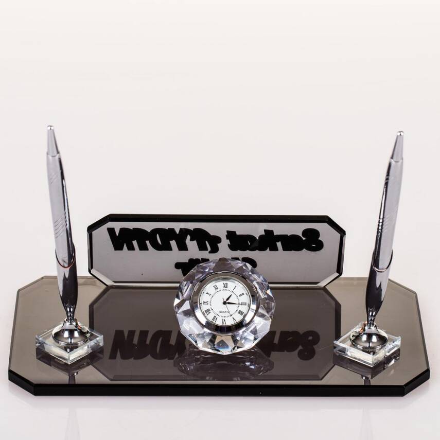 Delos Masa İsimliği Gümüş Kalemli Ofis Hediyesi Masaüstü İsimlik Kristal Cam Ofis Masa İsimlik - 5