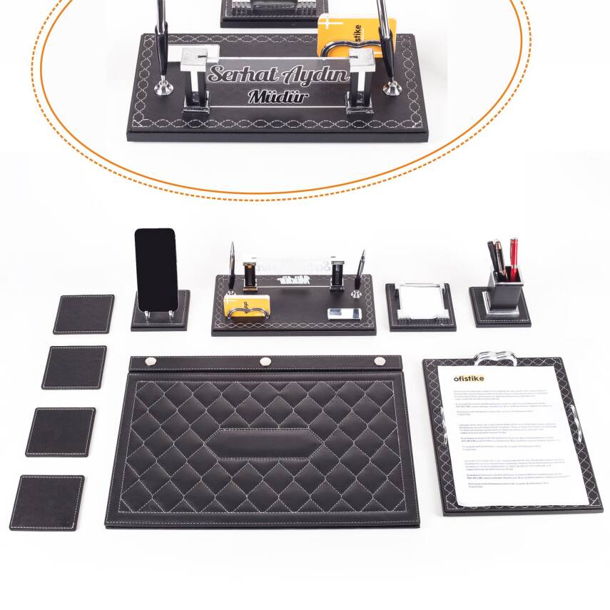 Delux Siyah Evrak Standlı Baklava Desenli Deri Sümen Takımı İsme Özel Masa İsimliği İsimlik Seti - 1