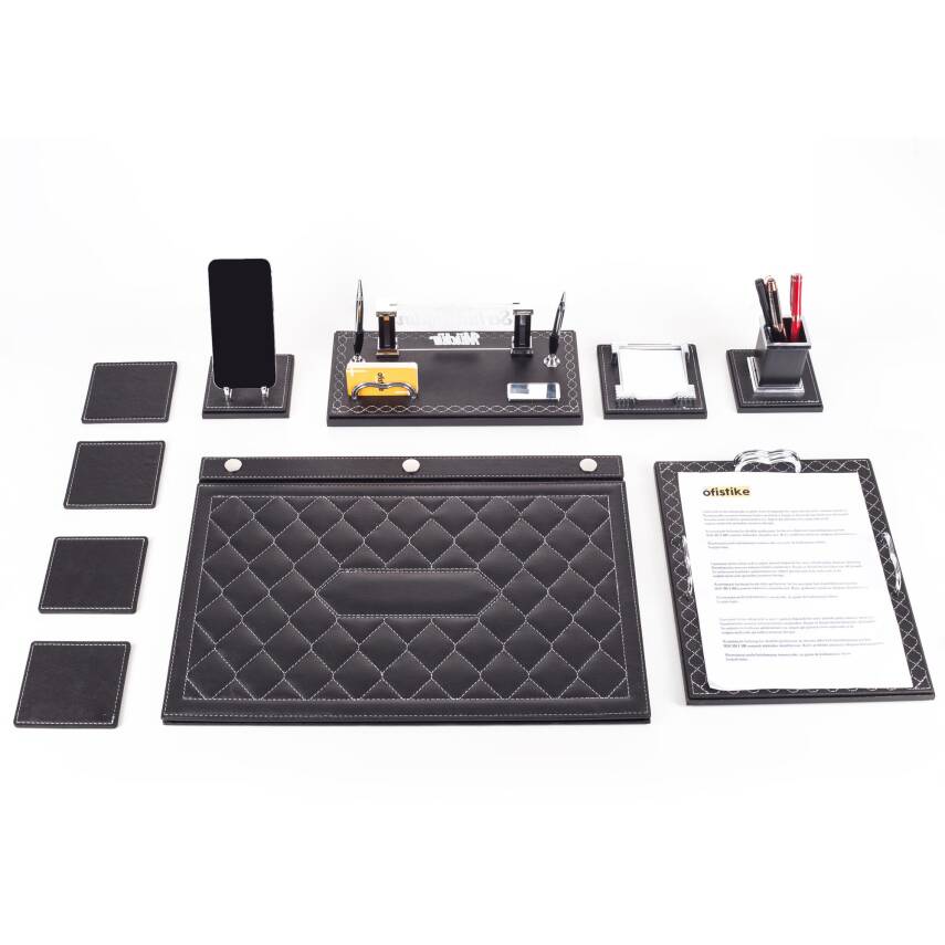 Delux Siyah Evrak Standlı Baklava Desenli Deri Sümen Takımı İsme Özel Masa İsimliği İsimlik Seti - 2