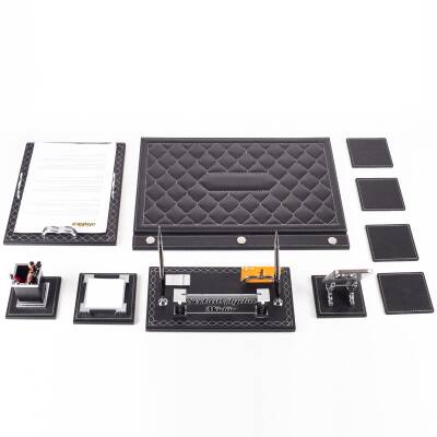 Delux Siyah Evrak Standlı Baklava Desenli Deri Sümen Takımı İsme Özel Masa İsimliği İsimlik Seti - 3