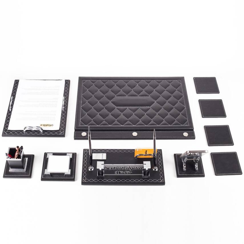 Delux Siyah Evrak Standlı Baklava Desenli Deri Sümen Takımı İsme Özel Masa İsimliği İsimlik Seti - 3