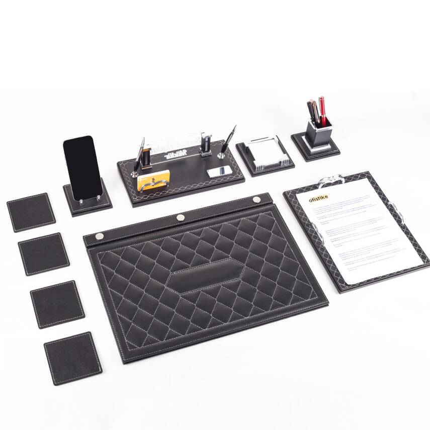 Delux Siyah Evrak Standlı Baklava Desenli Deri Sümen Takımı İsme Özel Masa İsimliği İsimlik Seti - 4