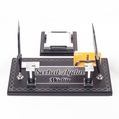 Delux Siyah Evrak Standlı Baklava Desenli Deri Sümen Takımı İsme Özel Masa İsimliği İsimlik Seti - 6